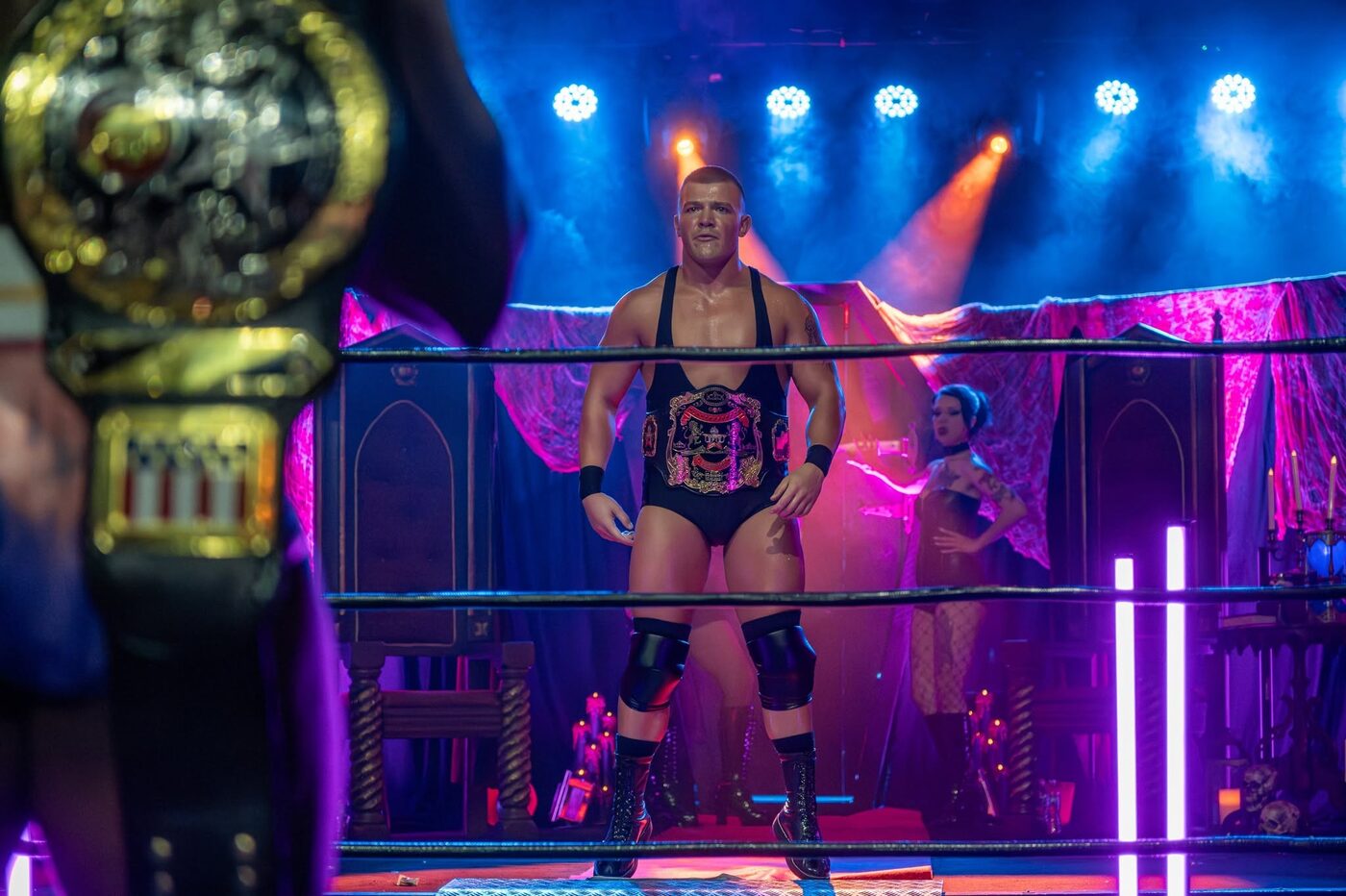 Rhino holding the PWE Championship at Pro Wrestling Epic